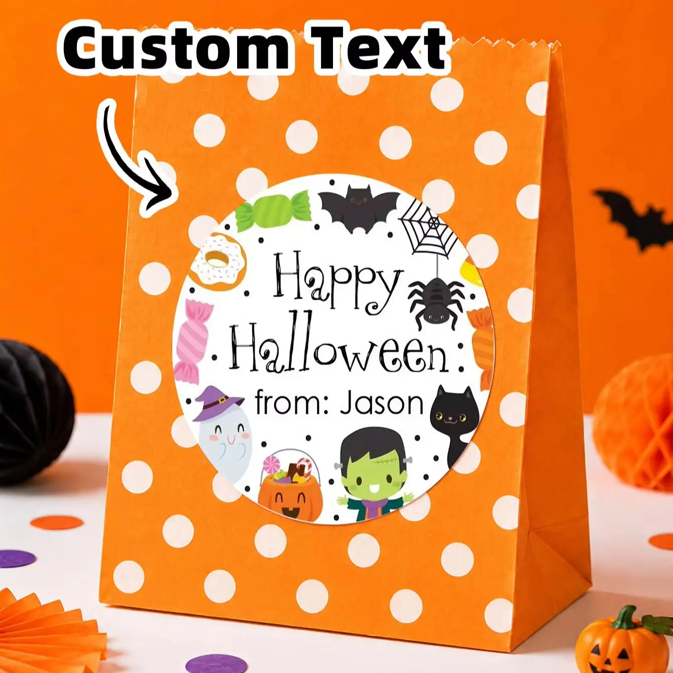 1/50/100Pcs Custom Round Stickers with Personalized Text & Images for Halloween Souvenir Marks, Invitation & Goodie Pack Decor