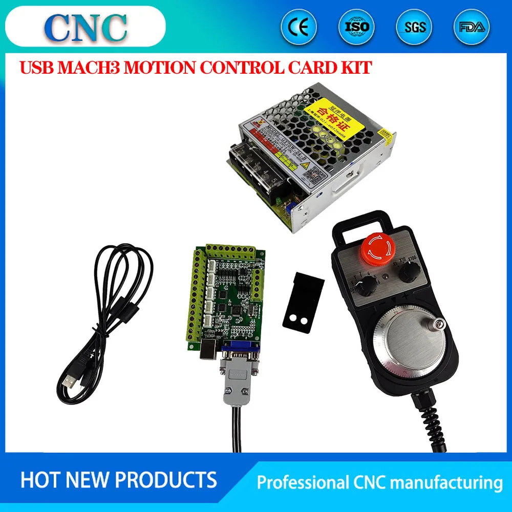 

cnc kit 100k Mach35 axis usb motion control card 6 axis emergency stop electronic handwheel plug and play, 24V75W power supply