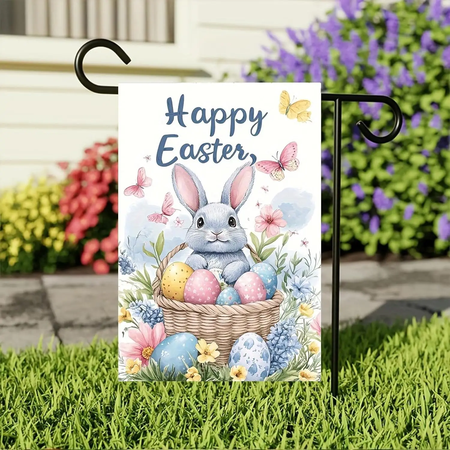 Happy Easter Rabbit Garden Flag 12 x 18 inch Double Sided Outside decorations,Easter Egg Butterfly Small Garden Flags For Ou uui
