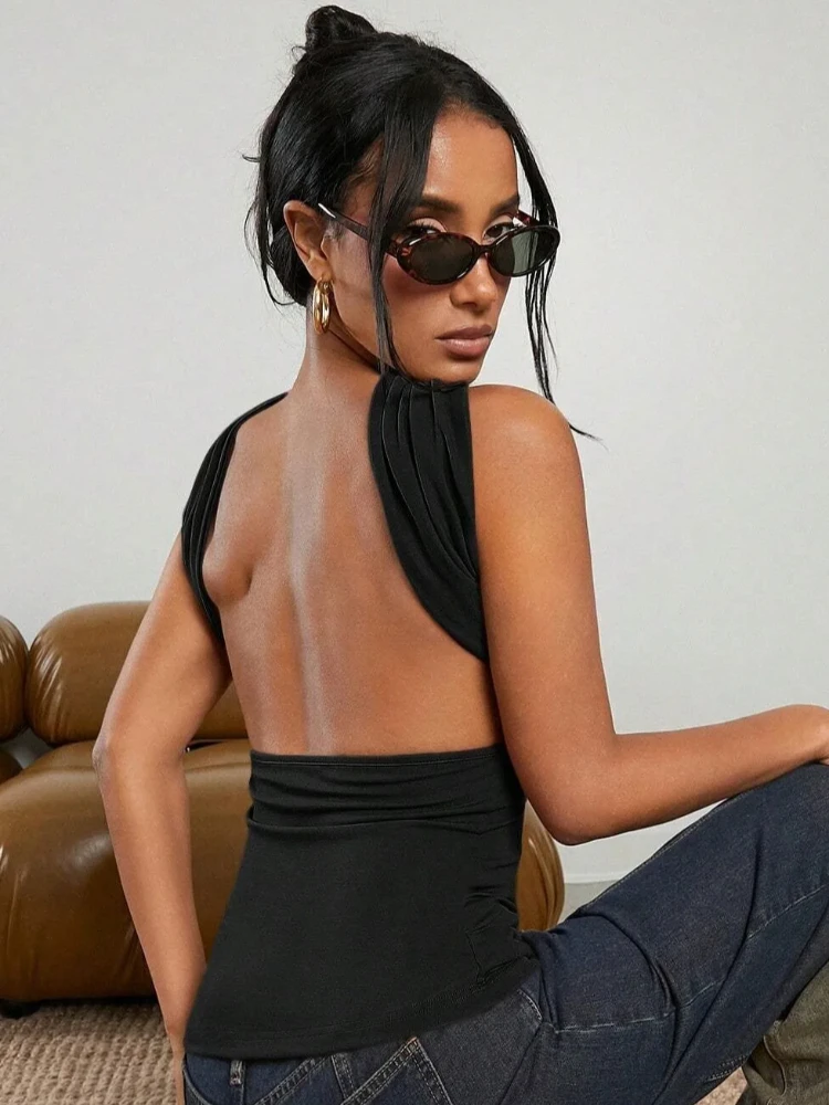 حار فتاة بلا أكمام خمر الصيف الشارع سترة Y2K بلون قبالة الكتف شخصية الإبداعية مكافحة الرقبة المرأة مثير سليم الأعلى