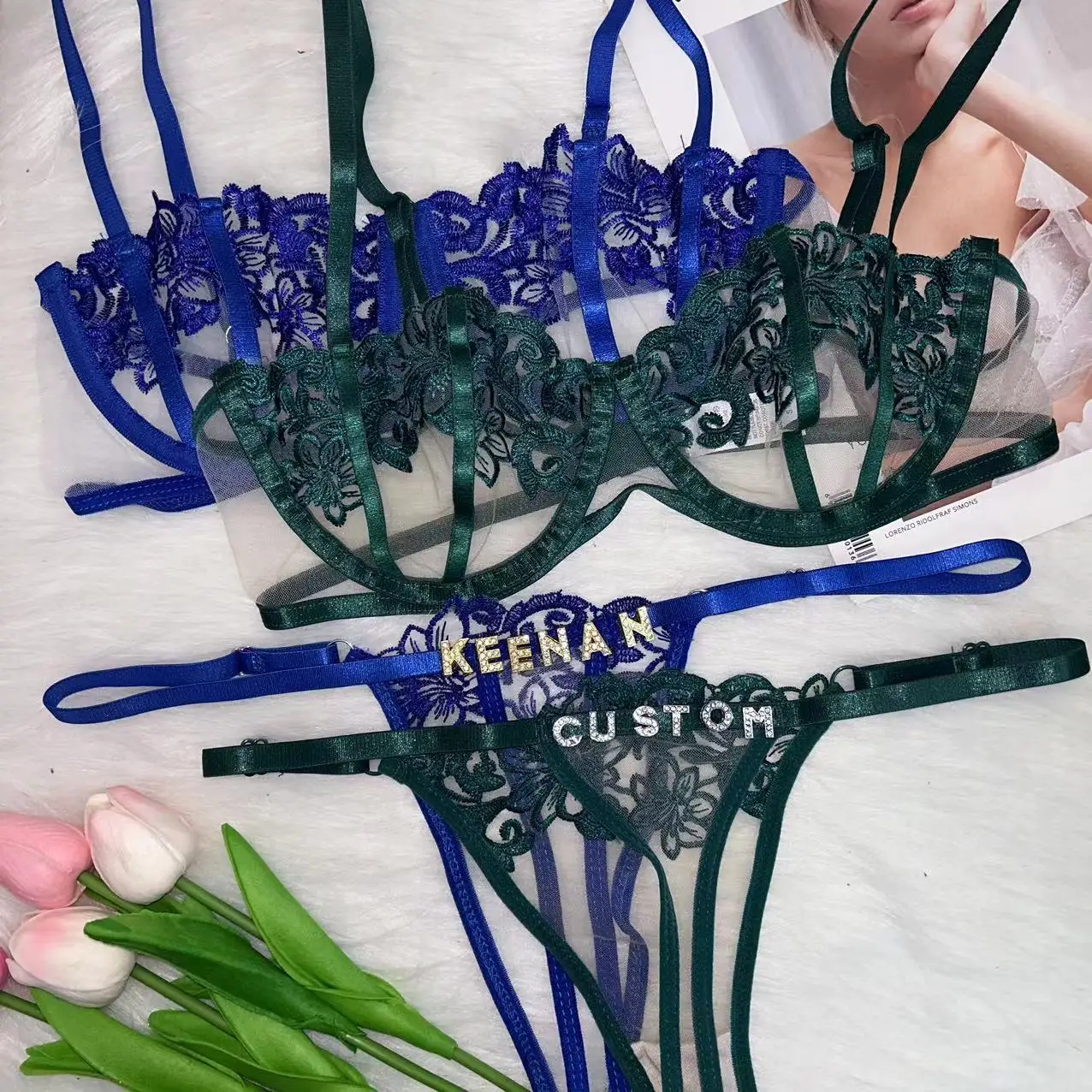 Custom Lingerie with Name Thongs Bra Sexy Custom thong Lingerie For Women Sheer Thong Top Crystal Letters Set Triangle Cup Bra