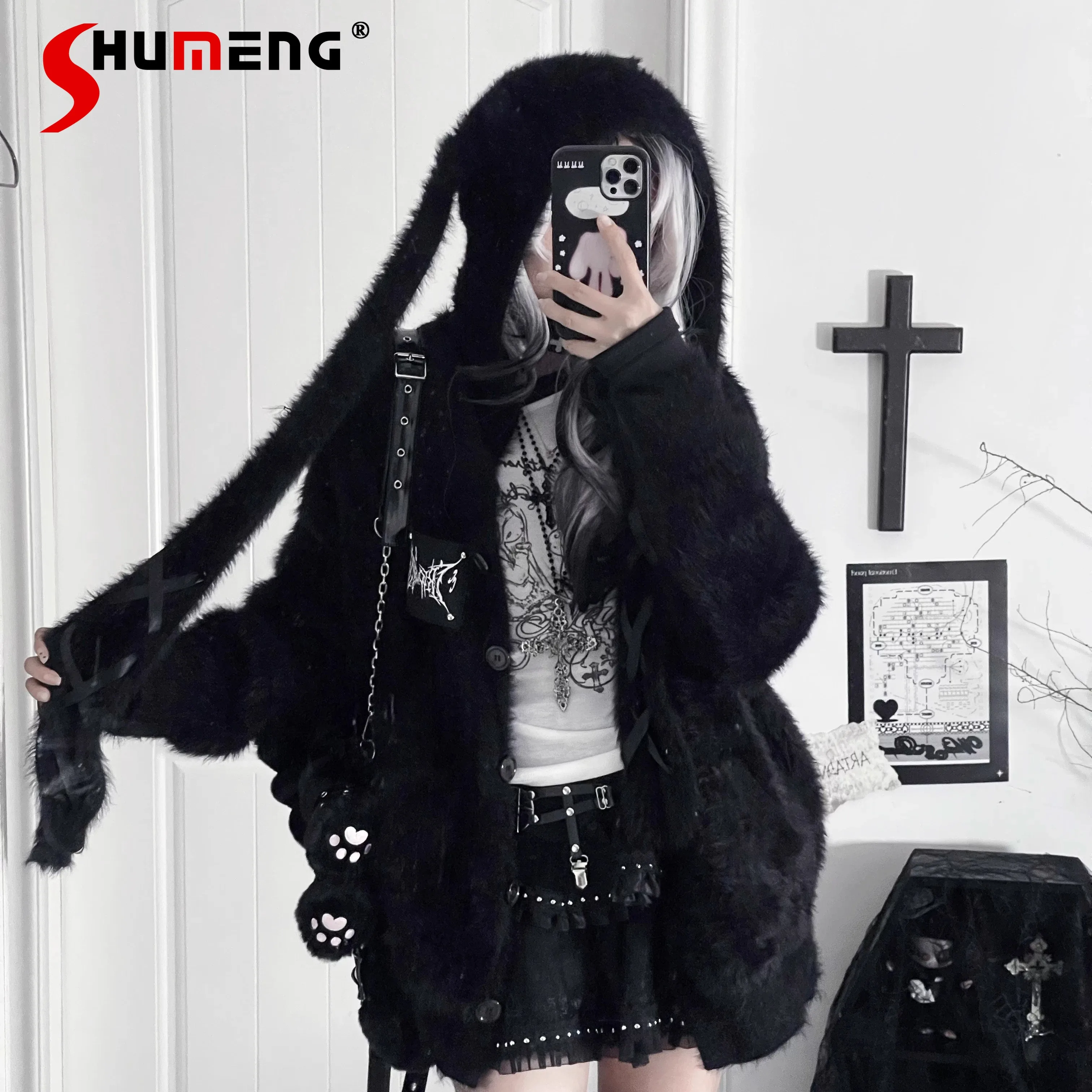 

Original Subculture Dark Plush Rabbit Ears Hooded Knitted Jacket Coats Autumn Winter Girls' Sweet Cool Fashion Loose Knitted Top