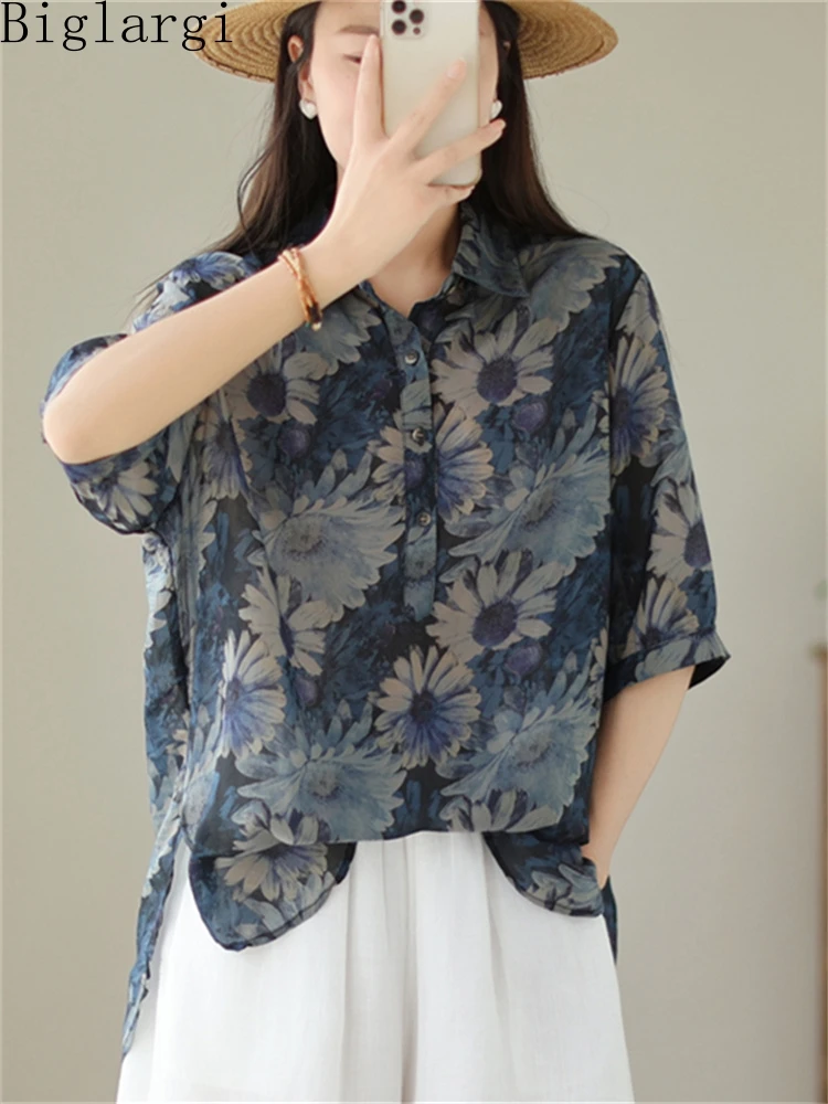 

Летняя женская блузка с цветочным принтом из хлопка и льна, свободного кроя, в корейском стиле