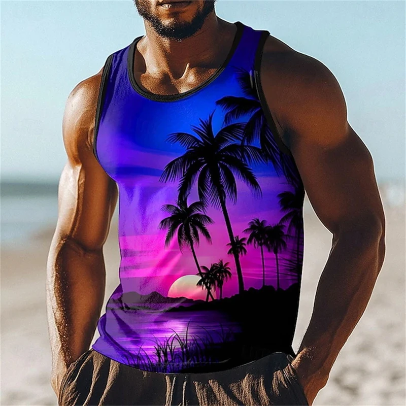 New Fashion Sunset Palm Tree Men Tank Top Tropical Graphic Sleeveless Tee For Men Vest Summer Vacation Casual Holiday Outfits