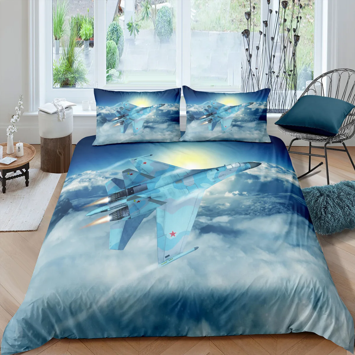 Airplane Fighter Duvet Cover King/Queen Size,flying Fighter Jet Bedding Set for Kids Teens Boys,modern Cool Airplane Quilt Cover