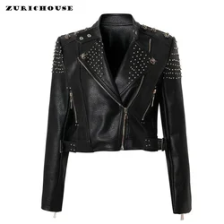 Steampunk Studded Black Cropped Leather Jacket Women 2024 New Streetwear Contrast Tiger Print Faux Leather Motorcycle Jacket