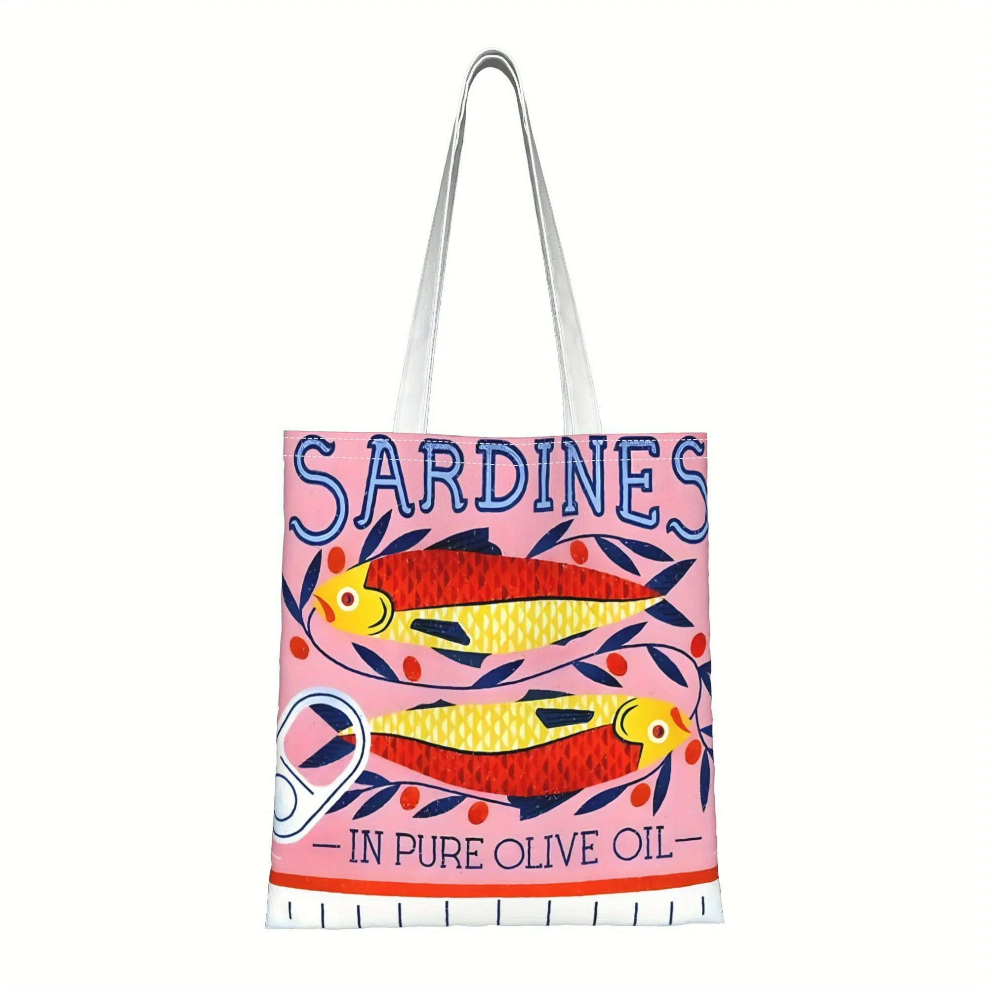 Sardines in Pure Olive Oil Design Daily Shopping Shoulder Bag Colorful Fish Print Durable Fabric Yellow Stripes Women Tote Bag