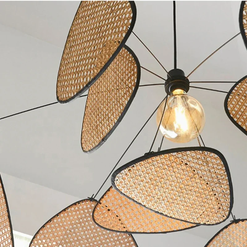 Imagem -06 - Designer Francês Rattan Wicker Chandelier Screen Cannage Madeira de Cozinha Lâmpada de Grade de Folha de Bambu Modern Home Decor Ornamentos Iluminação