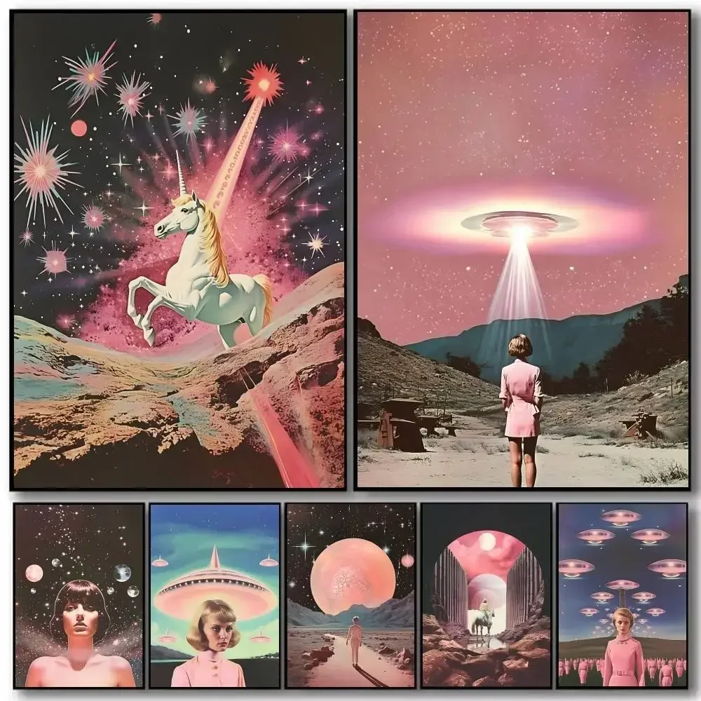 Vintage Psychedelic Pink Alien UFO With Woman Prints Canvas Painting Retro Poster Art With Prints Home Bedroom Decoration Gift