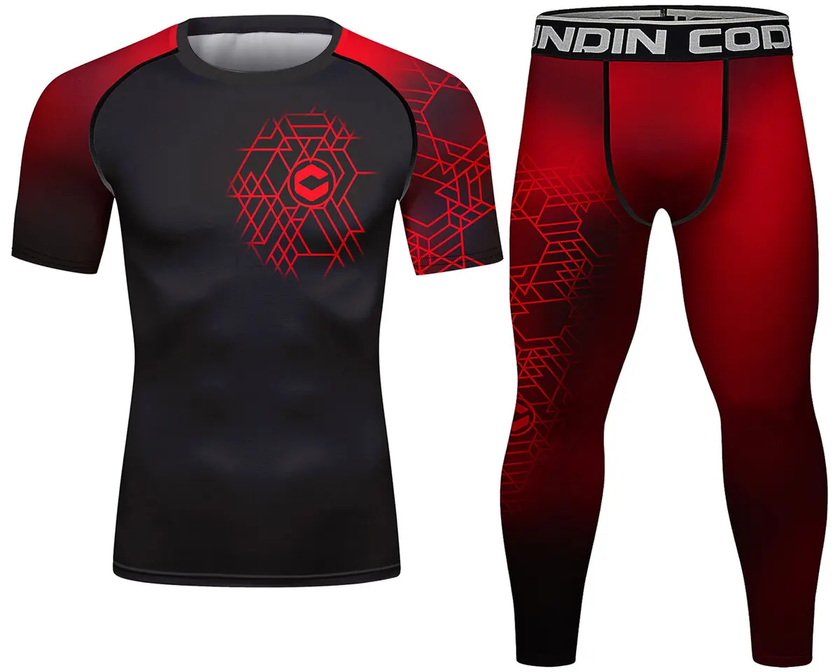 

Men’s Workout Compression Pants Short Sleeve Shirts Set Fitness Running Jogging Suits Top & Bottom Suits (221519-22223)