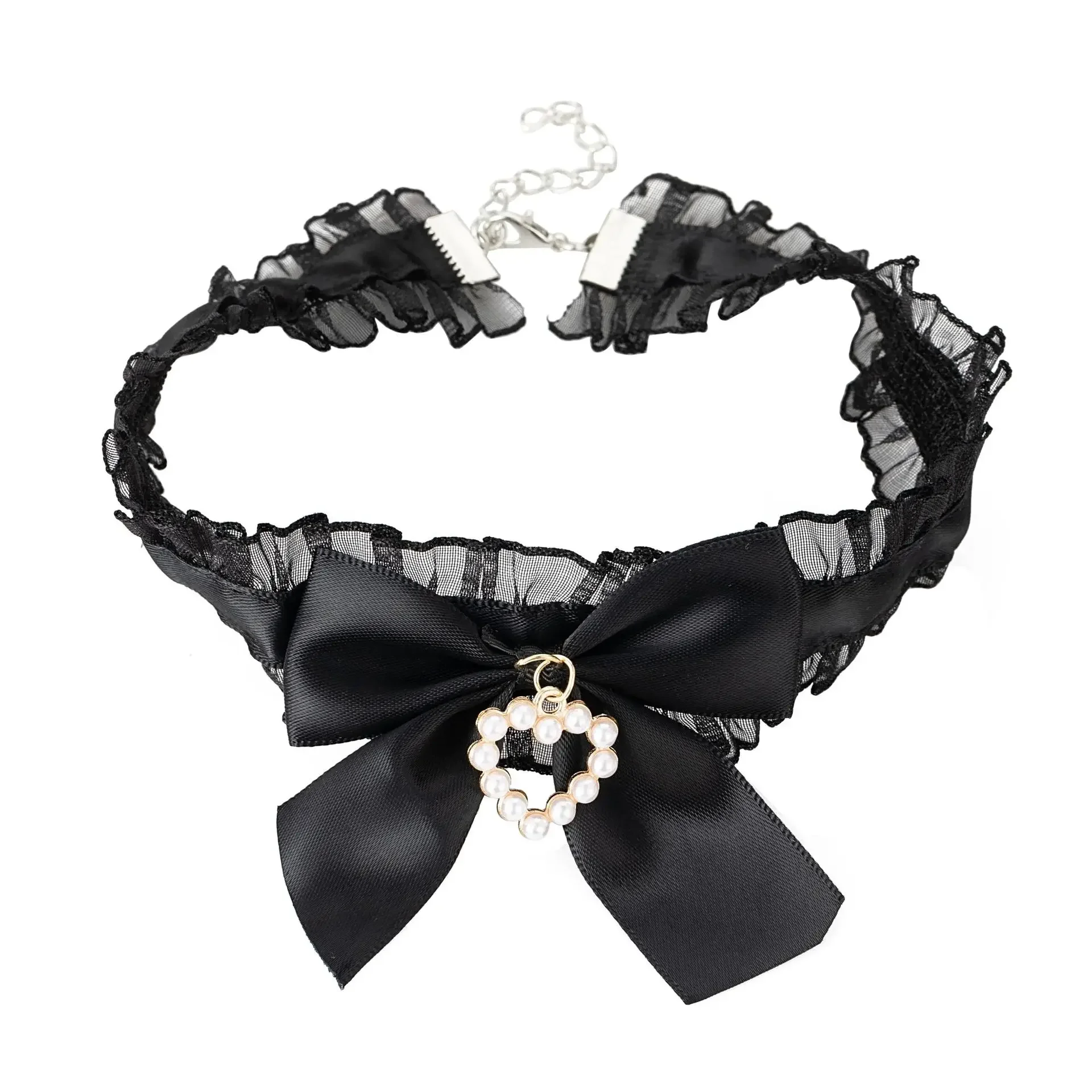 Sweet Satin Ribbon Choker Necklace with Pearl Heart Pendant & Sheer Ruffle Trim – Cute Coquette/Kawaii Collar Jewelry for Women