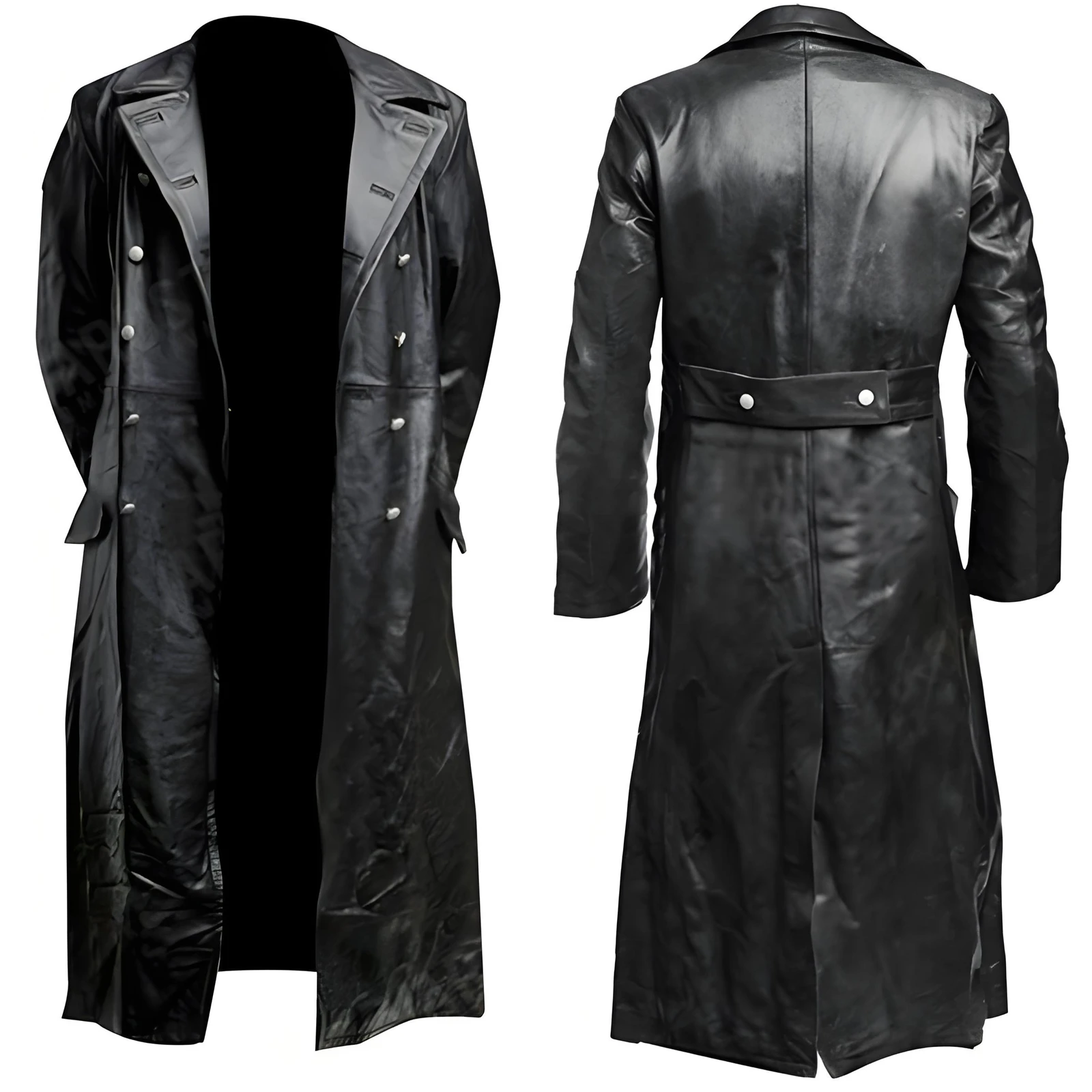 

Mens Double Breasted Black Leather Trench Coat German Officer Military Uniform PU Leather Long Overcoat Windproof Trench Jacket