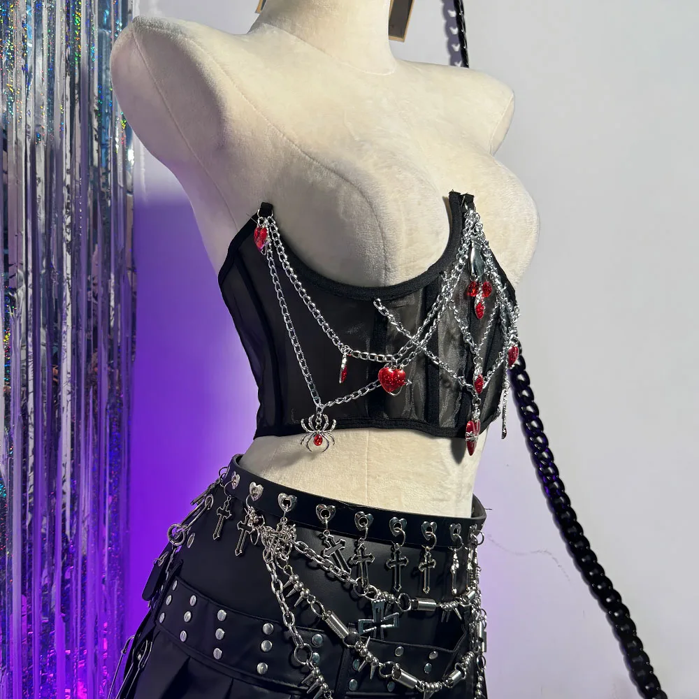 Harajuku Spider Grunge Goth Fashion Revival Chain Street Wear Y2K Halter Camisole TOPS Glitch Core Punk Rock Emo E-Girls