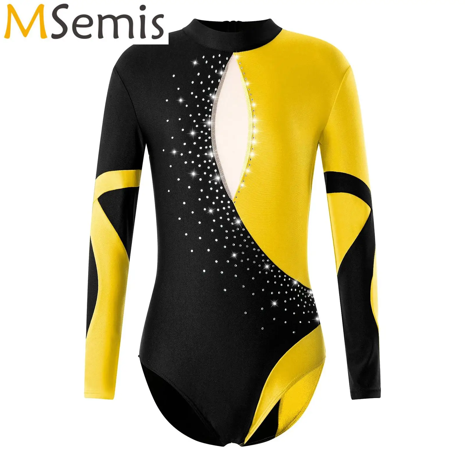 

Kids Girls Ballet Dance Gymnastic Figure Skating Costume Long Sleeve Open Back Shiny Diamonds Adorned Mesh Leotard Jumpsuit