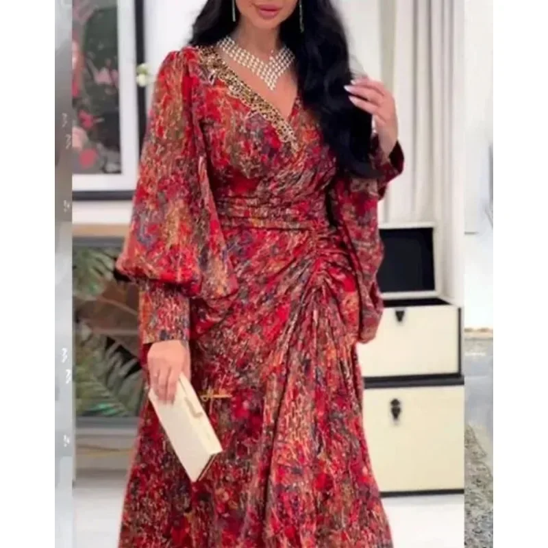 Vintage Casual Print Long Lantern Sleeve V Neck Ruched Vacation Dress Summer Autumn Corset Bohemian Dress for Women 2023