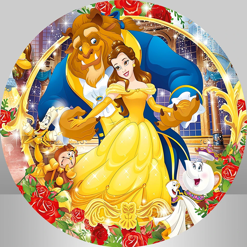 Disney Princess Beauty and Beast Round Backdrop Cover for Birthday Party Decoration Circle Background Photography Banner