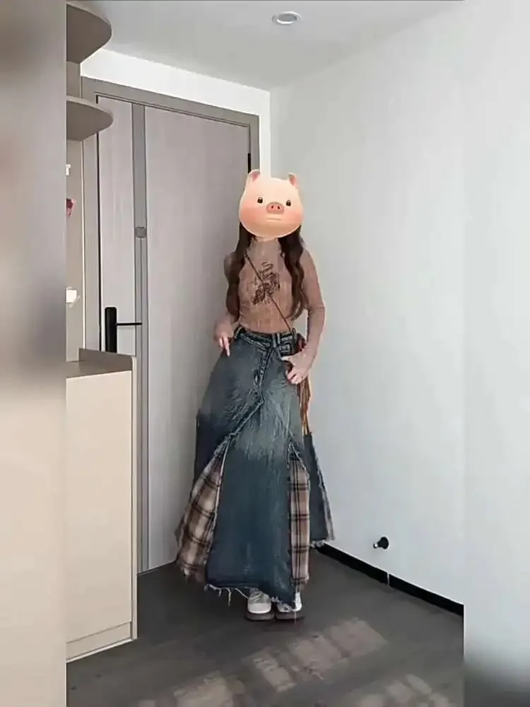 Y2K Plaid Splicing Irregular Gradient Jean Skirt Women Maillard High Waist Mid Length A-line Large Swing Denim Skirt