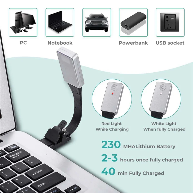 USB Rechargeable LED Clip Reading Light Portable Book Lamp Fit For E-Book Night Reading