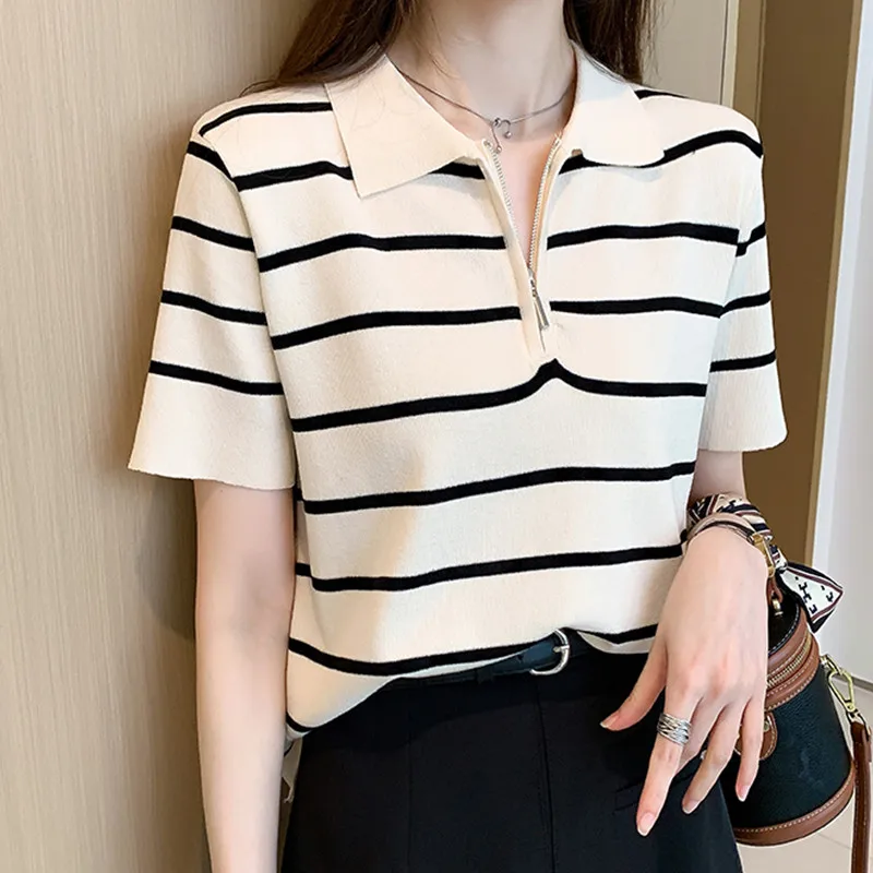 เสื้อยืดไหมน้ำแข็งถักลายทางแฟชั่นสำหรับผู้หญิงไซส์ใหญ่ สไตล์ลำลอง ใส่สบาย เหมาะกับฤดูร้อน