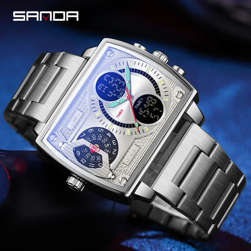 SANDA New Man's Watch Fashion Square Large Dial Unique Pattern Sports Multifunctional Student Electronic Watch Waterproof Watch