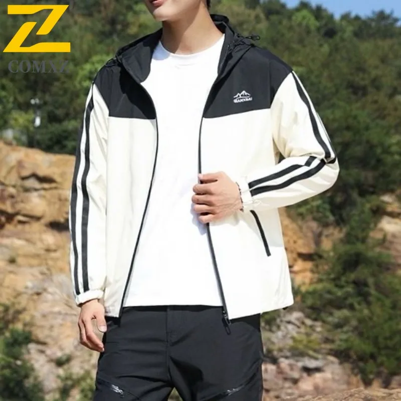 

2025 Color Blocked Jacket Men's Vintage Casual Hooded Windproof Windbreaker Male Spring Versatile Zip-up Outerwear Streetwear