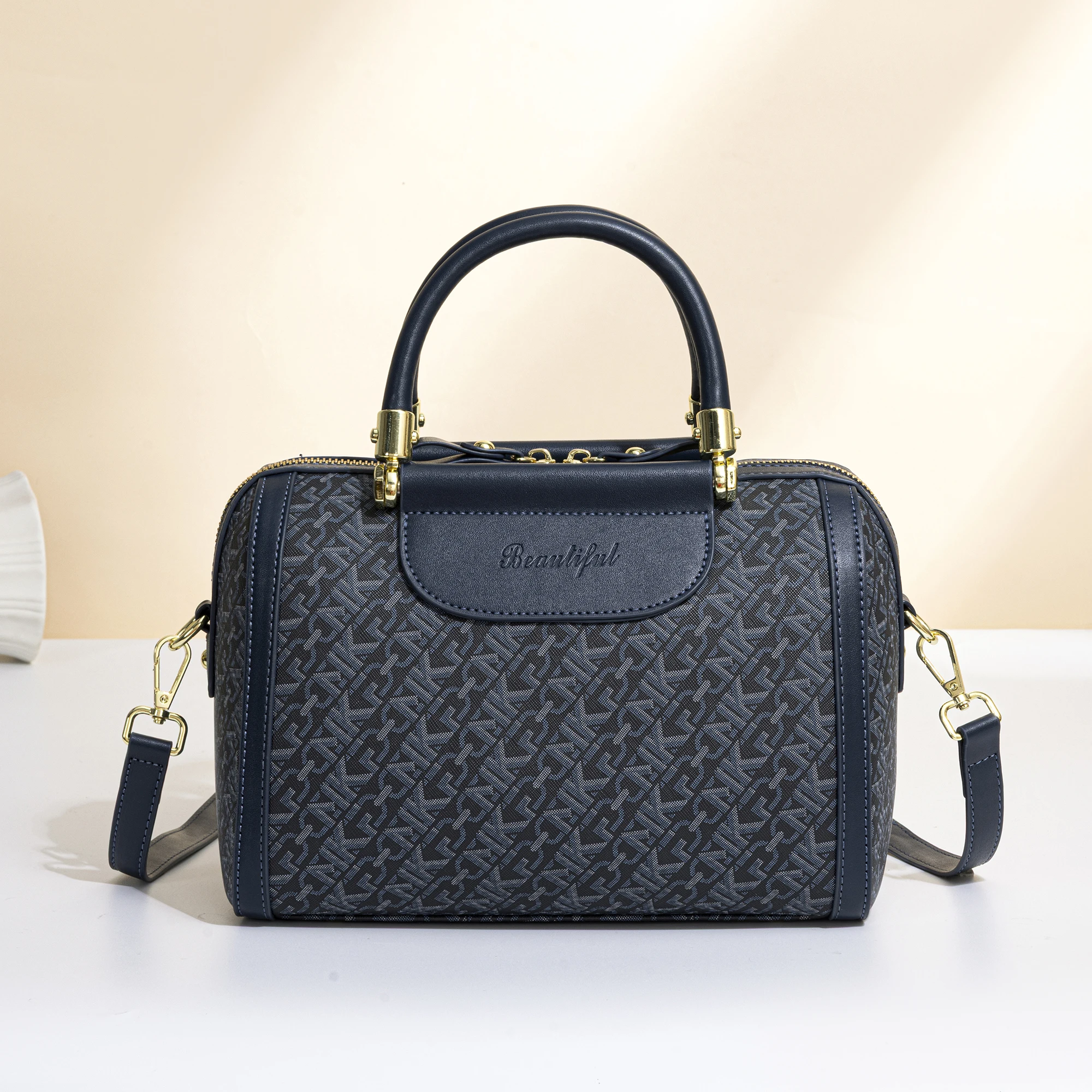 Vintage floral pattern lock clasp Boston handbag for women, cylindrical shaped pillow bag, front zipper pocket, detachable and adjustable leather crossbody strap, multi-compartment daily commuter shoulder bag