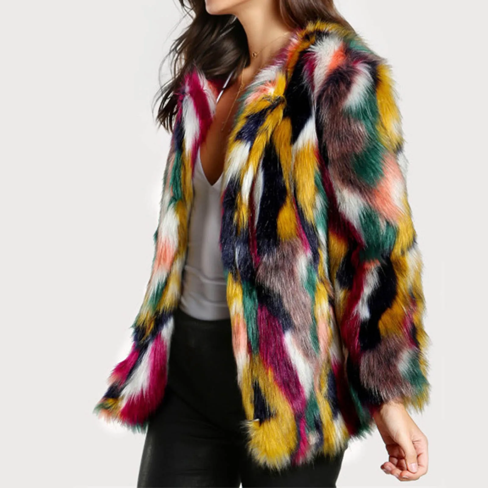 Fashion Contrast Multi color Faux Fur Coat Long Hairy Shaggy Outwear Women Autumn Winter Short Jacket Coat Tops