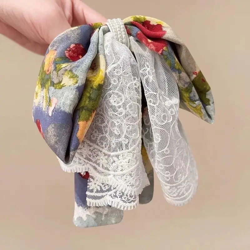 Fermaglio per coda di cavallo con fiocco in pizzo stile pittura a olio Fermaglio per capelli elegante artiglio per capelli per donne Accessori per capelli stile vintage per ragazze dolci
