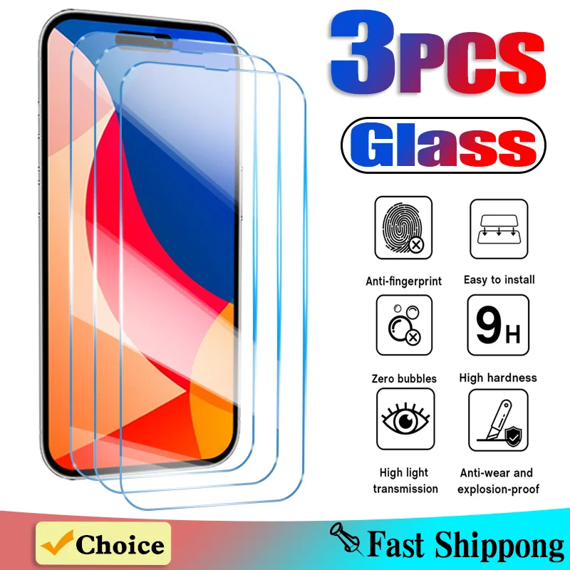 3Pcs Clear Full Cover Screen Protector for iPhone 6 7 8 Plus X Xs Max XR Tempered Glass For iPhone 11 12 13 14 15 Pro Max Mini