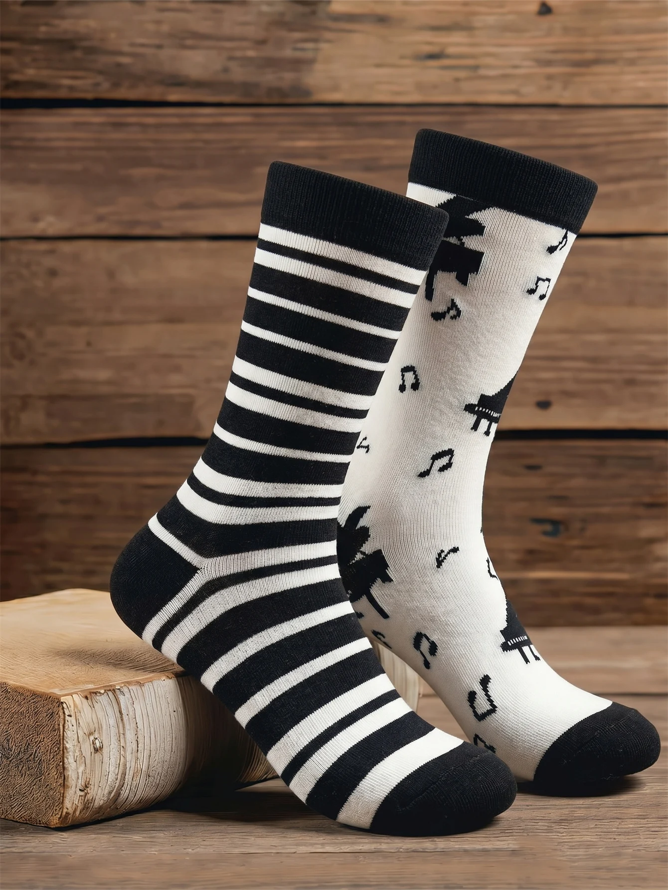 Personality Funny Crew Cotton Socks Men Black White Mismatched Striped Piano Socks for Men Novelty Music Lover Gift Streetwear