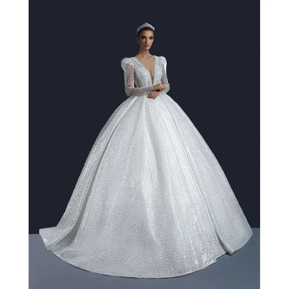 Elegant White Lace Crystal Bead Decoration Wedding Dress Sexy V-Neck Sequin Long Sleeved Bridal Gown Vestido De Noiva Customized