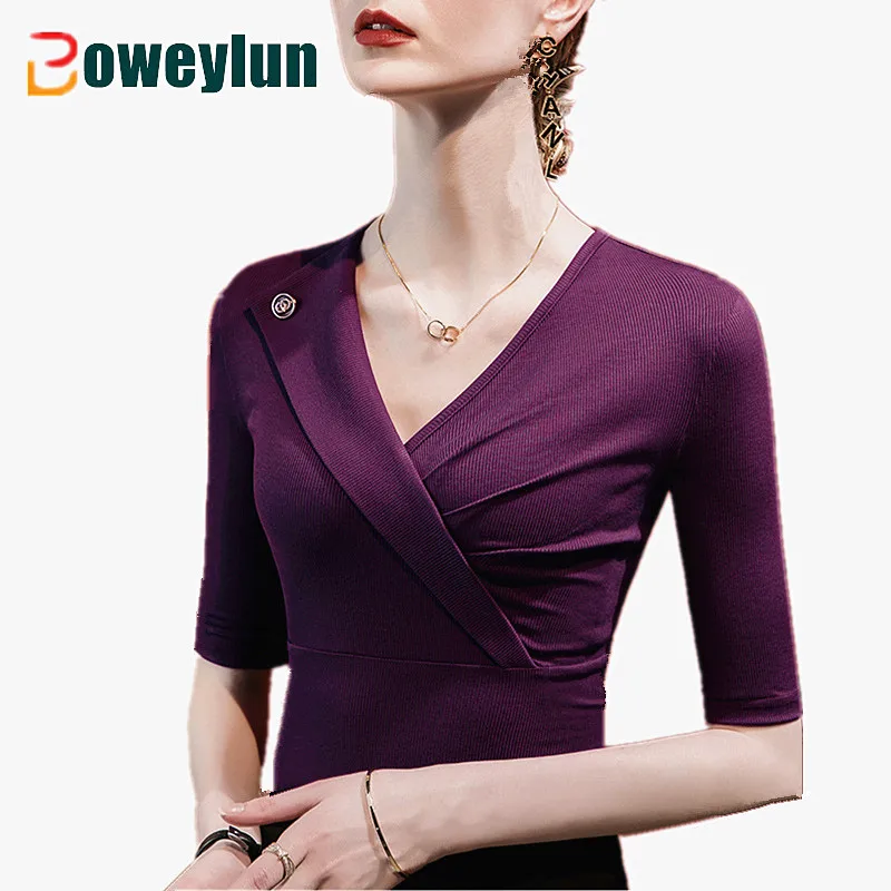 

Boweylun Cross V-Neck Five Points Sleeve T-Shirt Women Comfortable Ribbed Fabric Slim Button Solid Color Mid Sleeve Tops