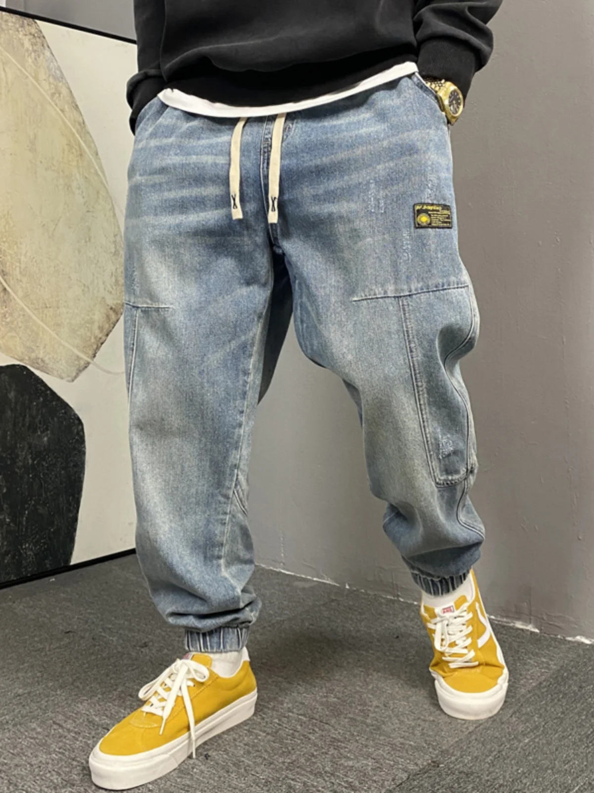 

Spring 2024 Men's Loose Fit Versatile Harajuku Jeans Wear Resistant Waed Youthful Sle Five ket Detail Workwear Trousers