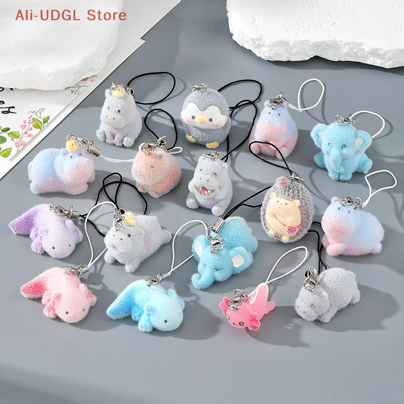 1PC Cartoon Flocking Animal Keychains Phone Lanyard Resin Cute Hexagonal Hedgehog Hippos Bag Earphone Case Pendant Girls Gift