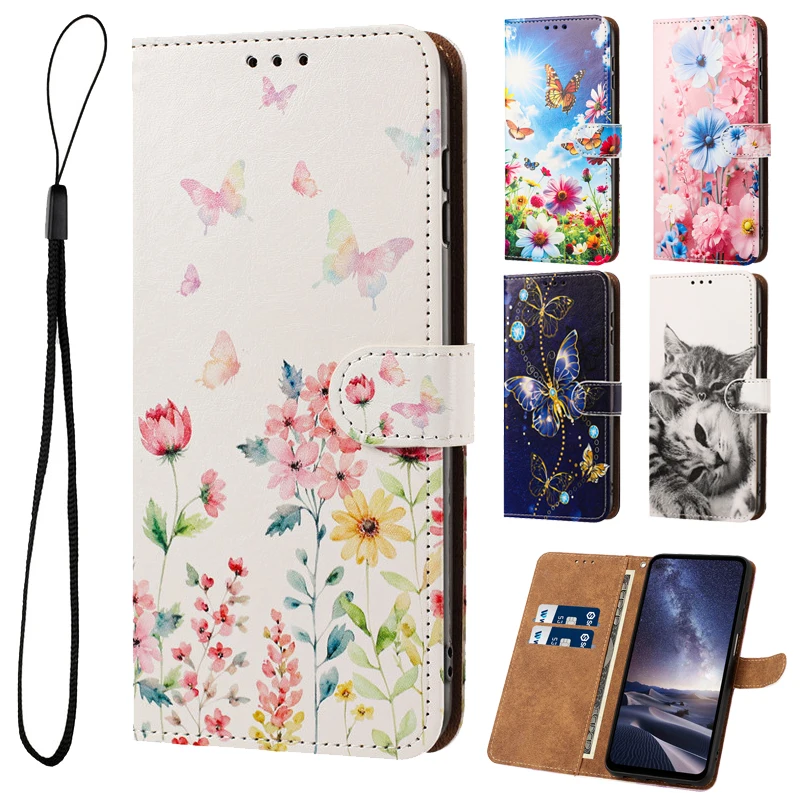 Чехол с рисунком для OPPO Reno 16 16S 16F 15 15F 15C 14 13 F 12F 12 Pro Max 5G 4G, кожаный чехол-книжка с подставкой, милый цветочный дизайн