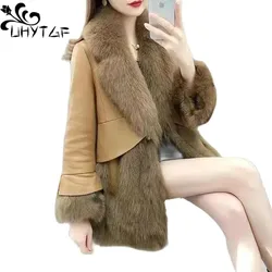 Imitation Fox Fur Coat Women's luxury Sheepskin Splice Leather Jacket Winter Coats Female Mid-Length Elegant Ladies Clothes 2827