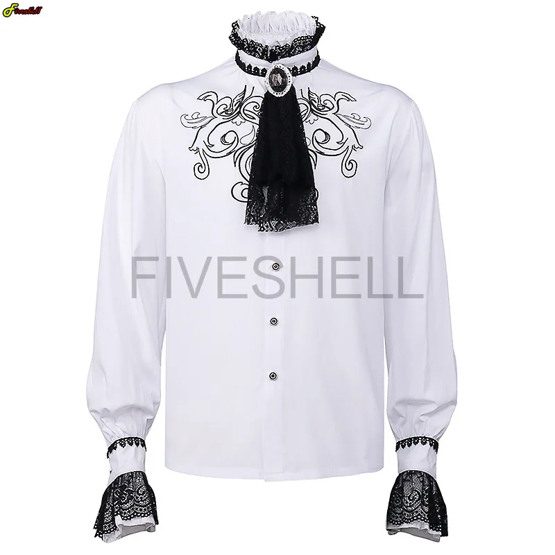 

Men Medieval Renaissance White Vintage Shirts Victorian Noble Prince Gentleman Cosplay Costume Embroidered Lace Patchwork Tops