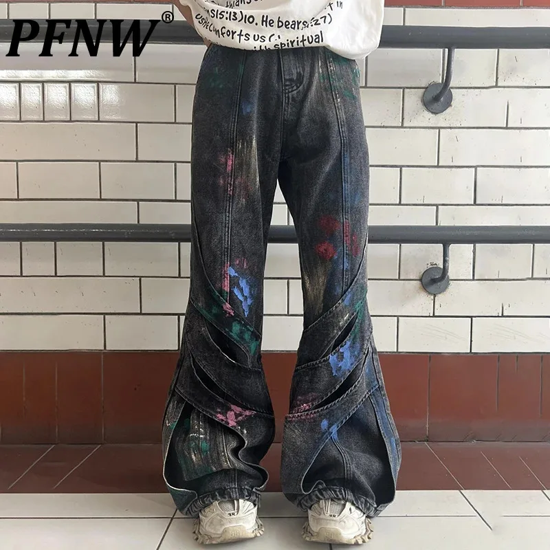 

PFNW Splashes Ink Deconstruction Design Fashion Jeans Men's 2024 Autumn Silhouette Streetwear Hip Hop Boot Cut Pants New 28W5199