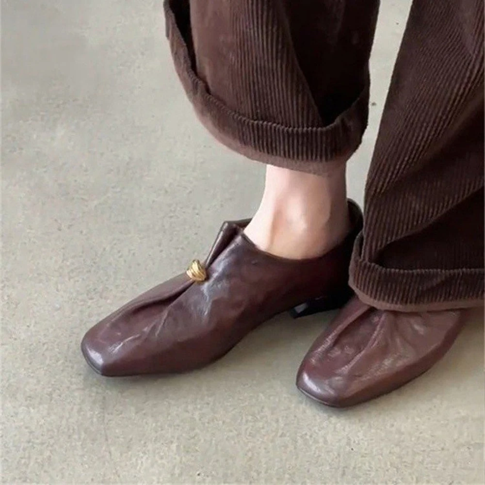 

Fashion Women Female Square Toe PU Leather Loafers Shoes Woman Retro Pleated Slip On Comfortable Casual Daily Office Flats Shoes