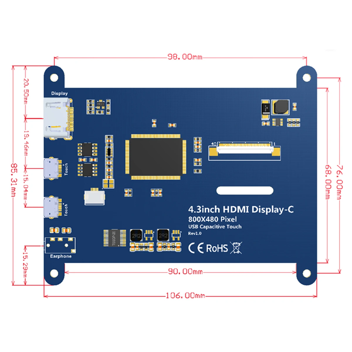 Pantalla táctil capacitiva USB para Raspberry Pi 3B +/4B, pantalla HDMI de 4,3 pulgadas