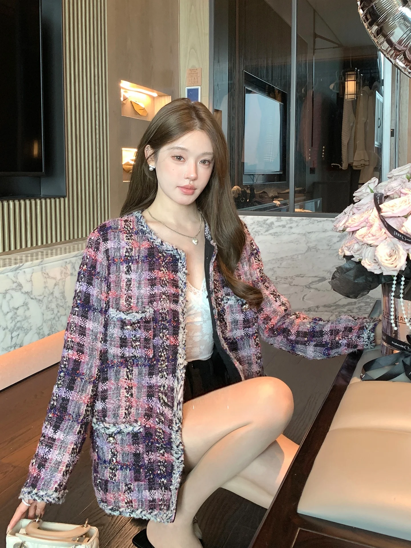 

FanyFloss Роскошный круглый шерстяной костюм свободного покроя Jaet женский осенний цветной блесток блестящий открытый кардиган Brit Sle Commute