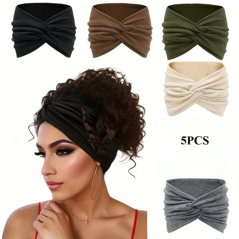 

5PCS Women's Wide Sports Headband Sweat Absorbent Vintage Hair Band Spandex Workout Head Wrap for Yoga Gym