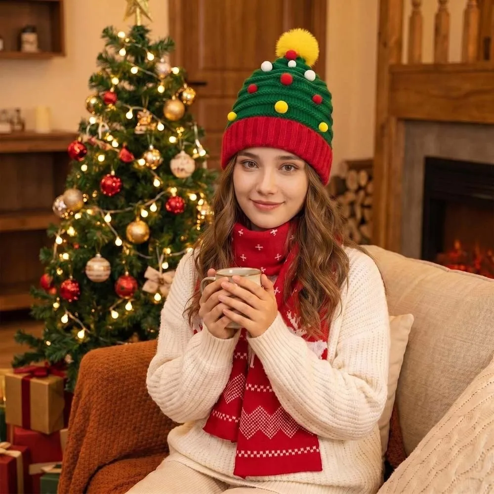 Thermal Yarn Christmas Hat Scarf Striped Pattern Plush Pom Xmas Beanie Snowflake Print Bright Colors Santa Claus Beanie