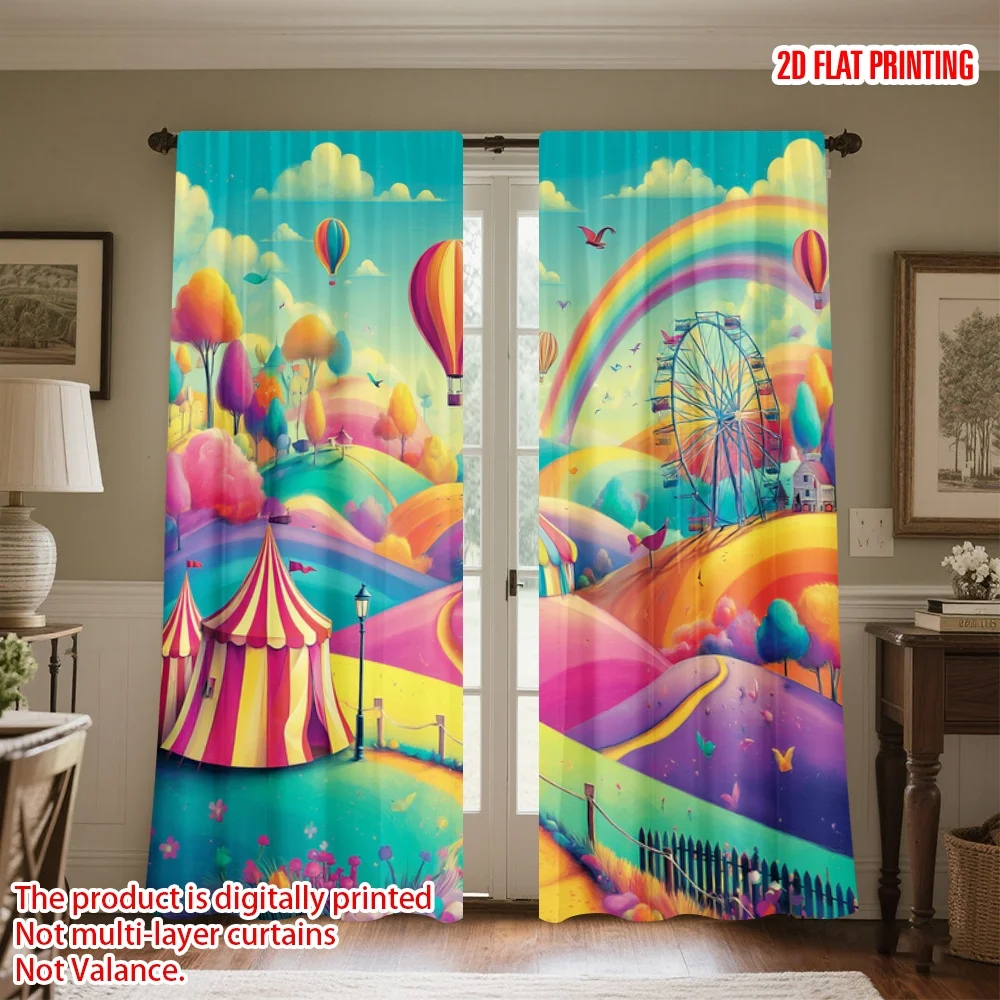 Colorful Carnival Curtains, Fantasy Amusement Park Window Drapes, Rainbow Hot Air Balloon Decor Blackout Fabric for Kids Bedroom