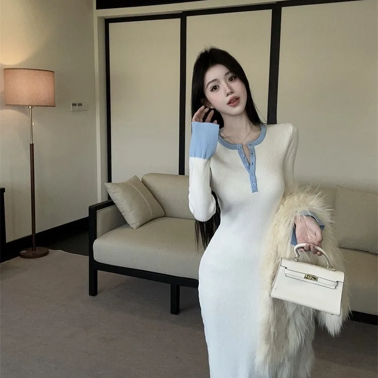 

Ele mat Contrast Color Blo Single Button round Ne Bell Sve Slim Fit Трикотажное платье с высокой талией Long Sve Au...