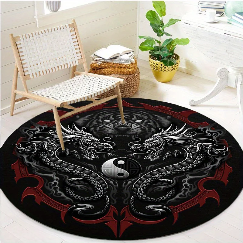 Yin Yang Dragon & Tiger Round Rug – Large Washable Mat for Living Room, Bedroom, Office – Chinese Symbol Decor