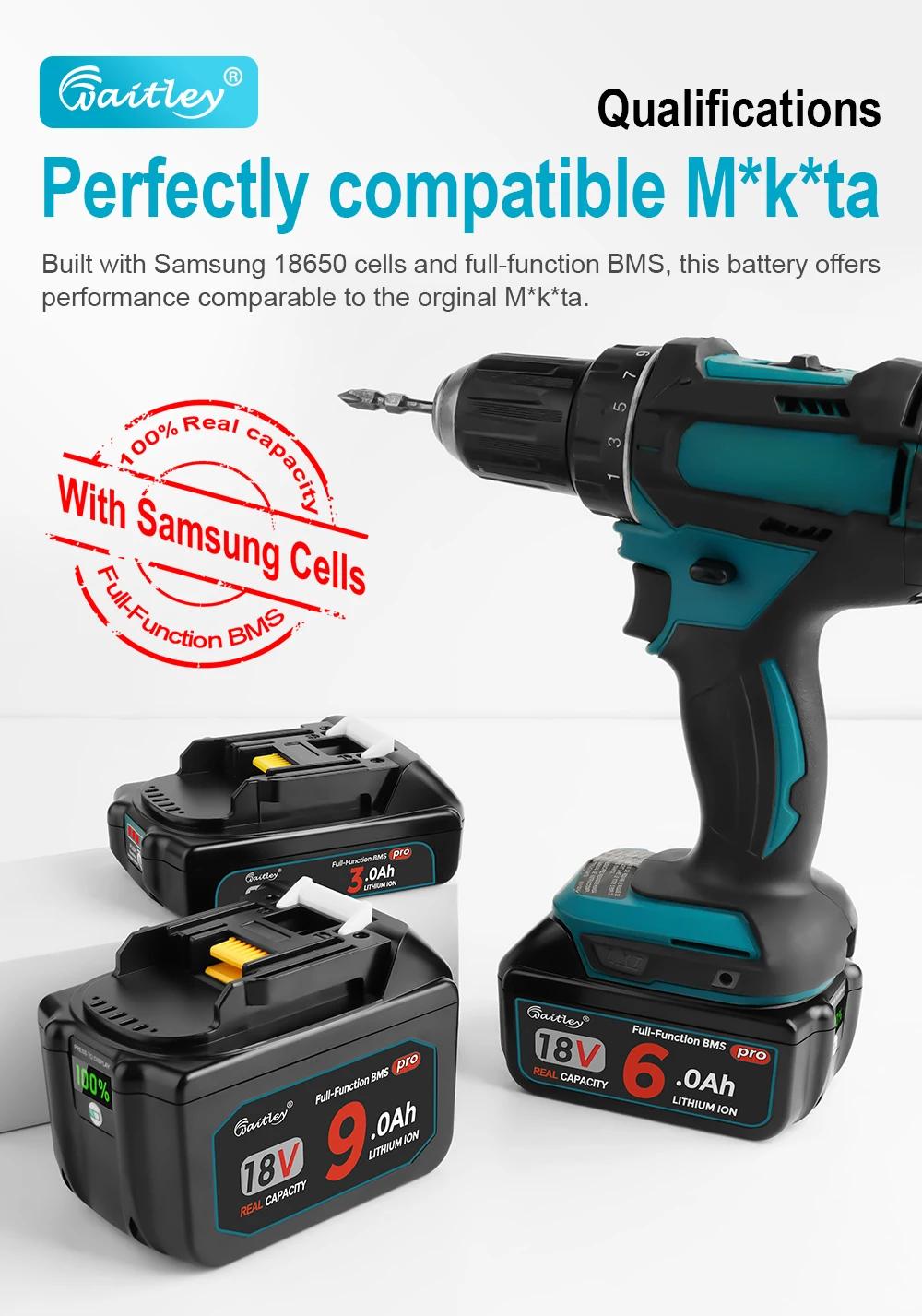 Waitley Battery Pro für Makita 18V Elektrowerkzeuge BL1860 wiederaufladbare Batterien mit Samsung-Zellen / Ersatzzubehör – Detail 4