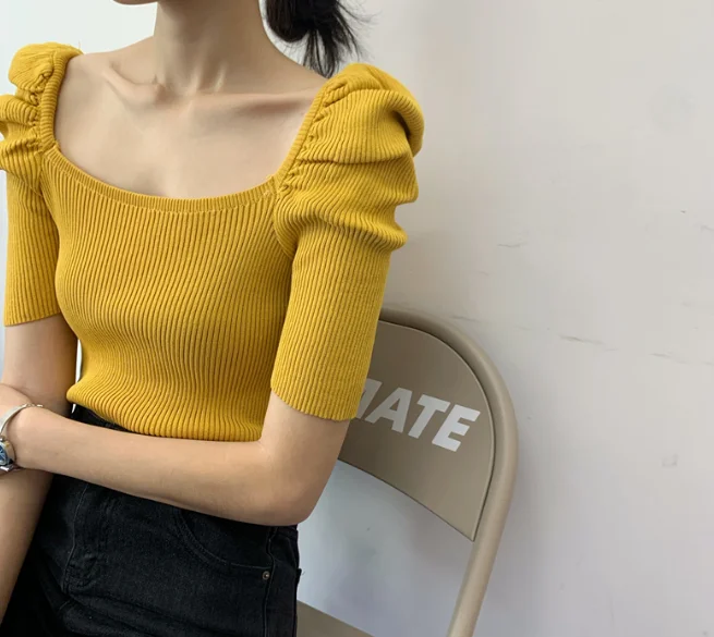 Puffy Sleeve Square Neck Knit Shirt for Women Teengirl Fitted Rib-Knit Pullover T-shirt Top Spring Summer Basic Outfit