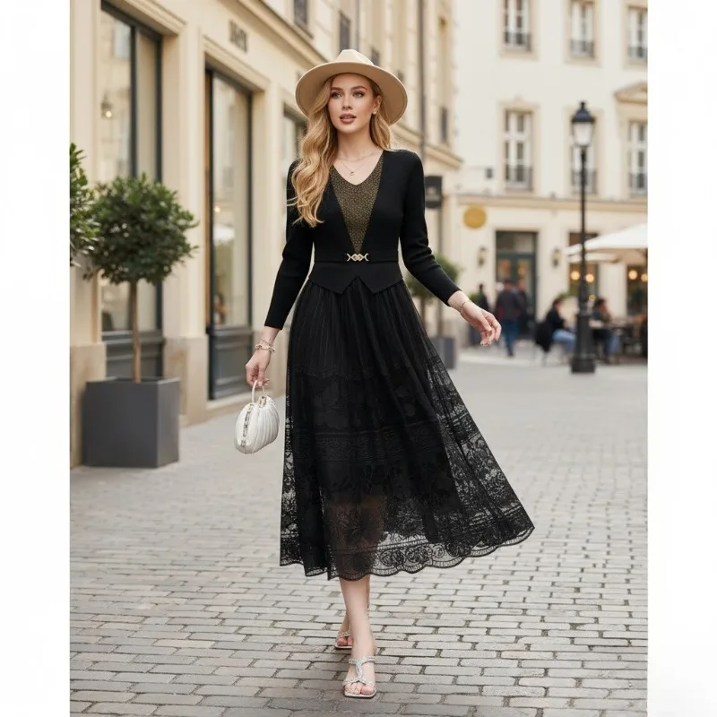 

Miyake плиссированные платья плиссе, сплошной цвет, весна 2026, новое платье больших размеров, модное кружевное платье с темпераментом на талии, тонкая элегантная длинная юбка