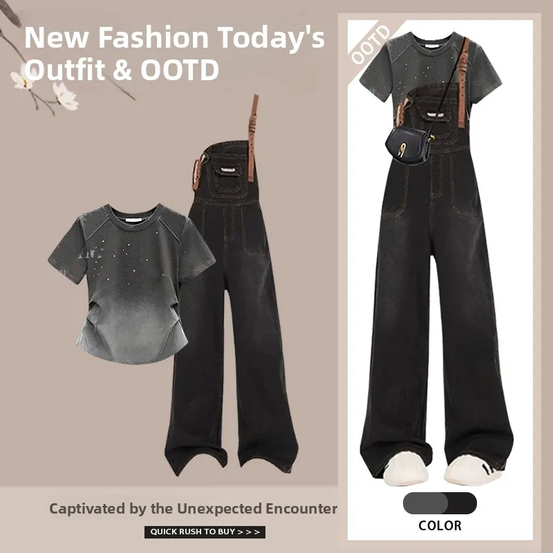 

Faionable Summer Outfit Женская дизайнерская футболка adient ort Sve с винтажным джинсовым комбинезоном, комплект из двух предметов длиной до плеч